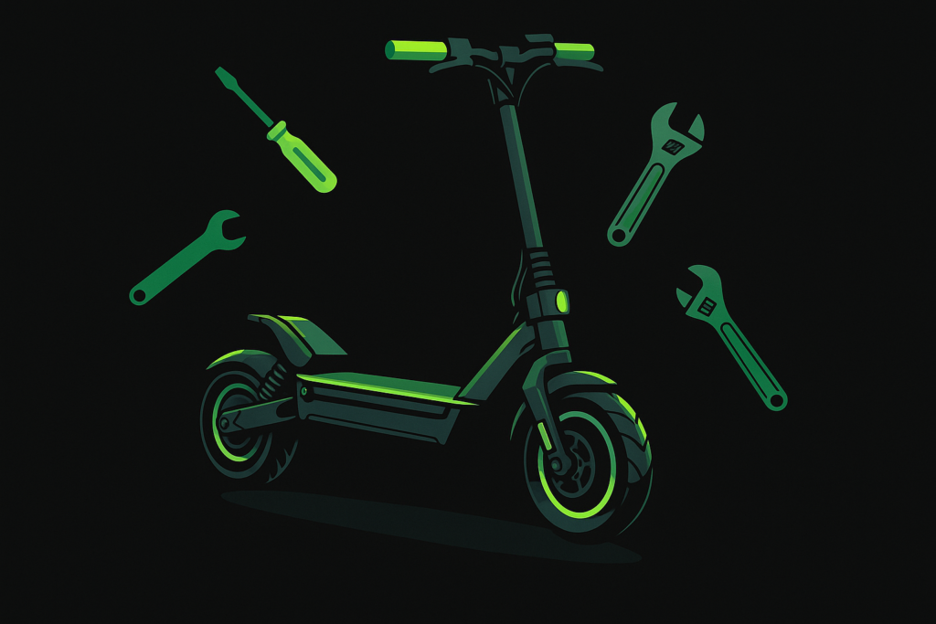 Visuel en flat design pour montrer une trottinette et des outils.