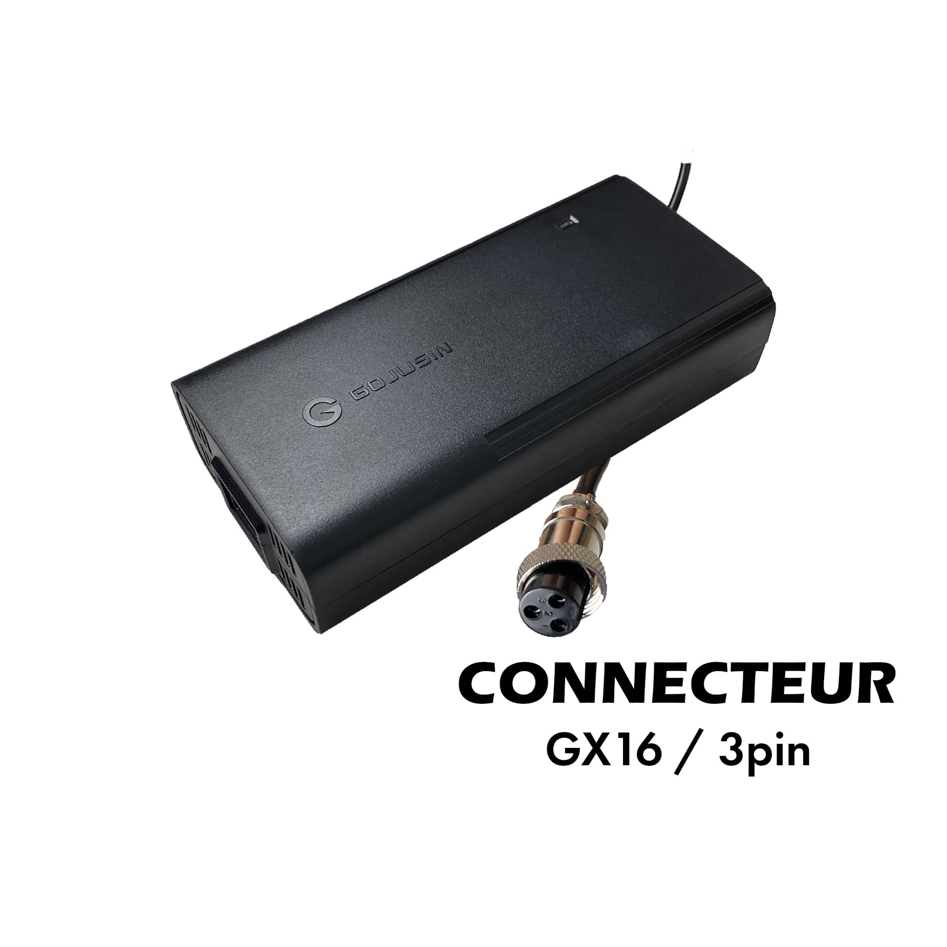 Chargeur 84V/2A GX16 pour trottinette électrique incliné vers la droite