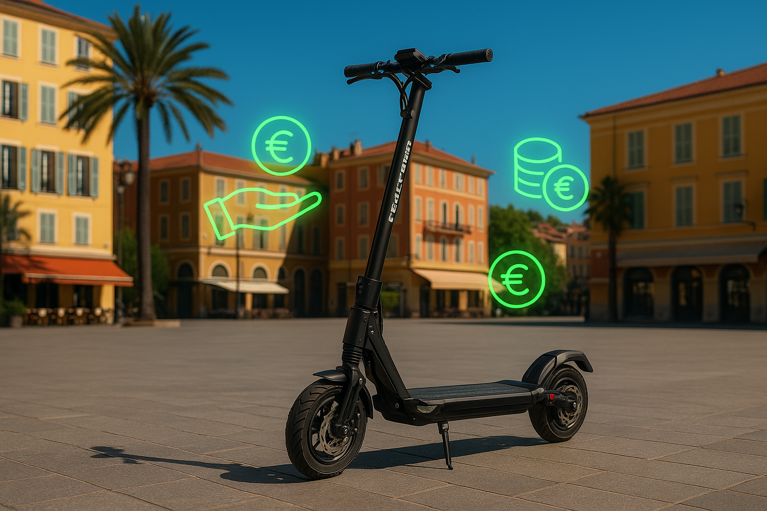 Trottinette électrique inclinée vers la gauche sur fond de ville, entourée de de pictogrammes représentant de la monnaie