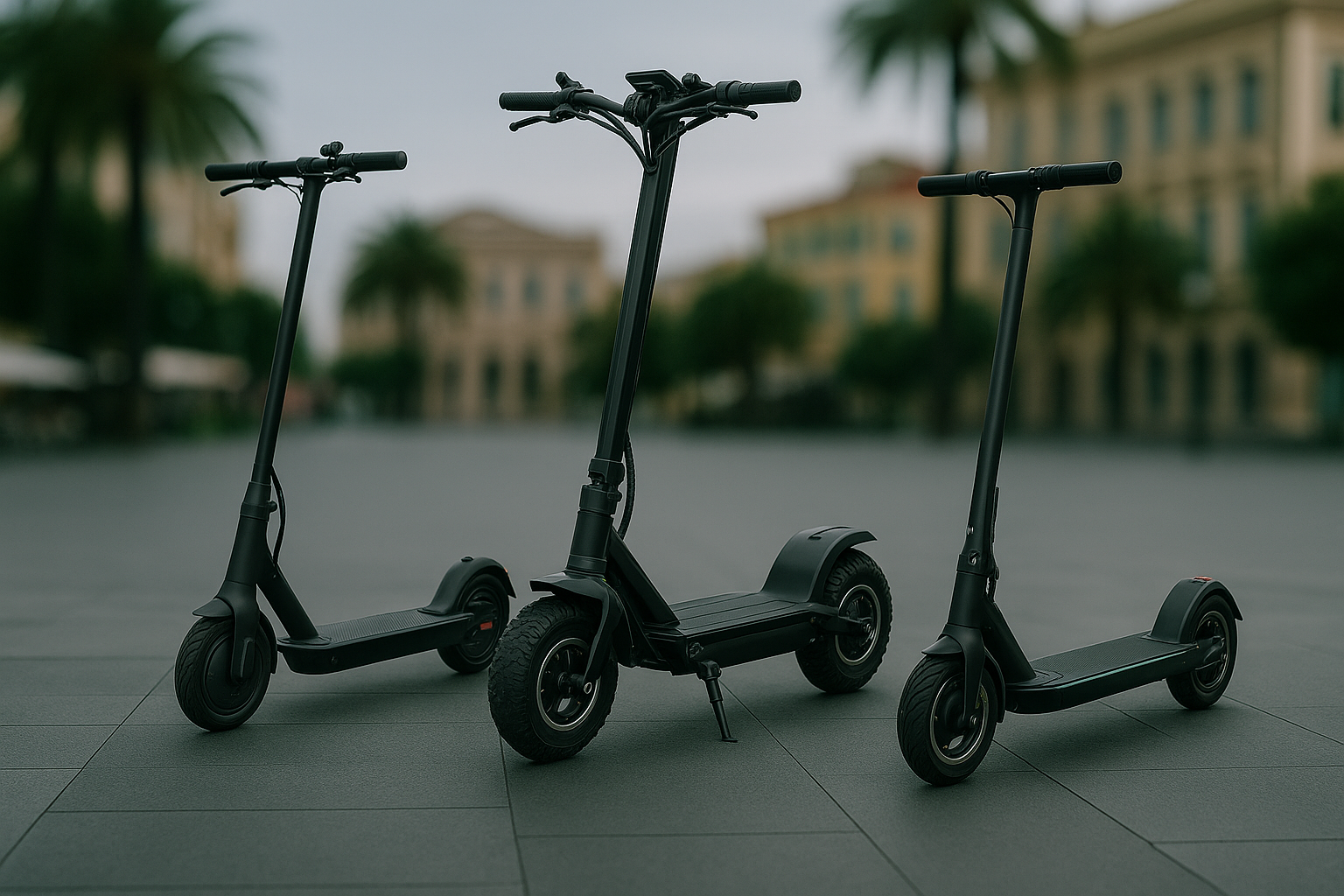 Trois trottinettes de face inclinées vers la gauche sur un fond de ville