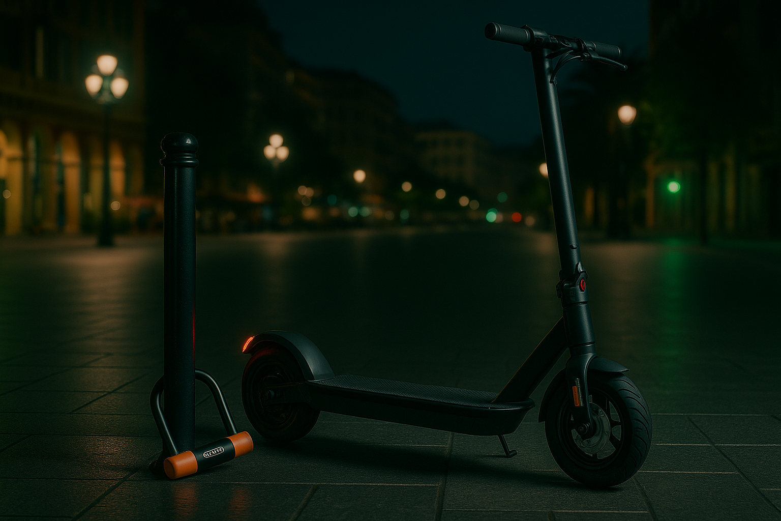 Trottinette électrique de profil et poteau avec antivol sur fond de ville